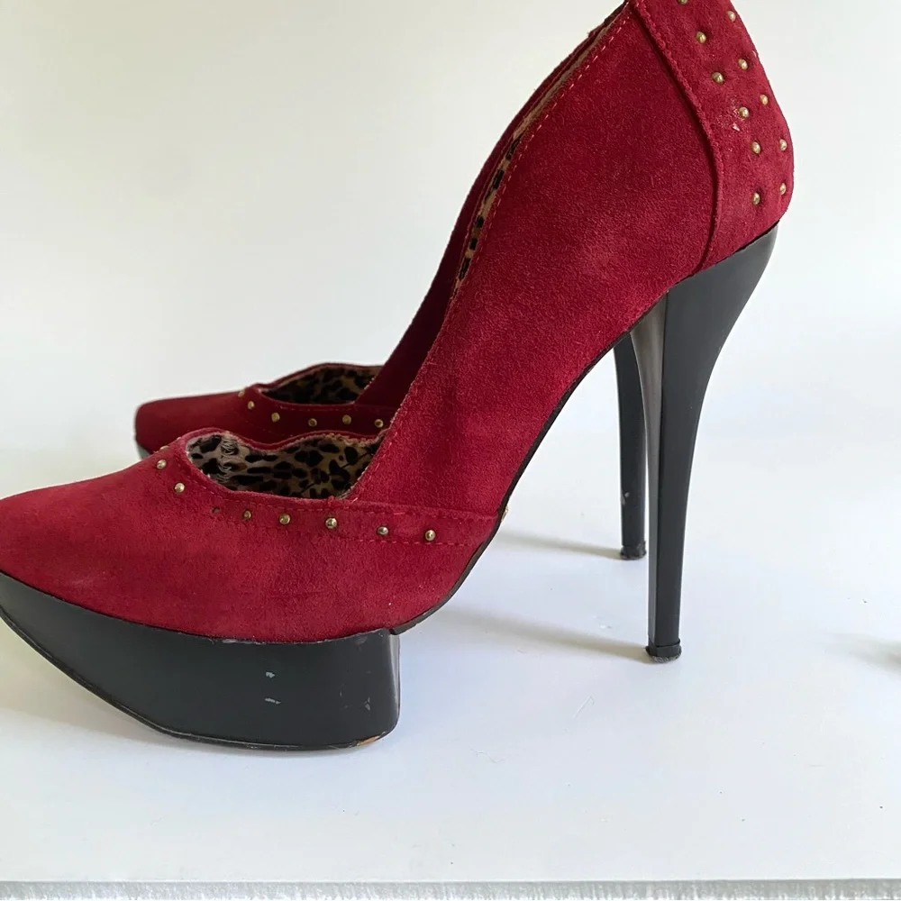 Abusiva Red Velvet Suede Platform Pumps High Heels‎ Studded Leopard Size 6